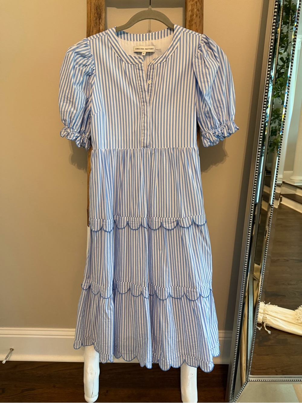 English Factory Blue & White Striped Tiered Puff Sleeve Dress - Picture 1 of 1